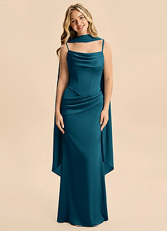 Azazie Sorrel Junior Ink Blue Mermaid Ruched Stretch Satin Dress image3