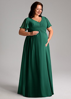 Azazie Verna Robes de demoiselle d'honneur de maternité Robe Trapèze Col V froncé Longueur ras du sol Mousseline de soie image10