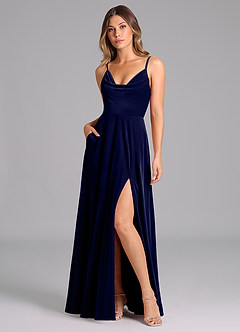 Azazie Sarella Robes de demoiselle d'honneur Robe Trapèze en velours Plissée Bleu Marine Foncé image1
