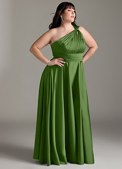 Azazie Charlize Robes de demoiselle d'honneur Robe Trapèze en Satin extensible Une épaule Basilic image12