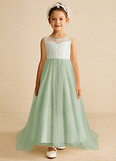 Azazie Tay Robe Demoiselle D'honneur Fillette Robe Trapèze en Tulle Paillettes Vert Sauge image1
