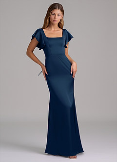 Azazie Elkie Robes de demoiselle d'honneur Robe Sirène en Satin extensible Col Carré Bleu Marine Foncé image5