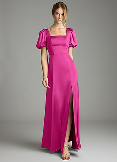 Azazie Fyona Bridesmaid Dresses Fuchsia A-Line Pleated Stretch Satin Dress image1