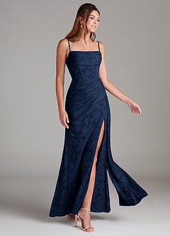 Azazie Denisa Bridesmaid Dresses Dark Navy Sheath Pleated Floral Burnout Dress image4