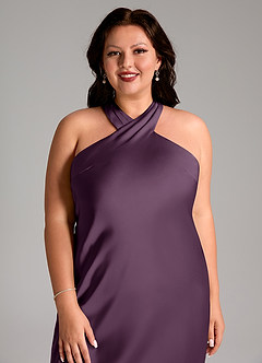 Azazie Doretta Vestidos de damas de honor Vestido de Ciruela de Satén Elástico de Corte Sirena con Plisado image11
