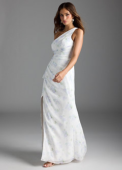 Azazie Maive Vestidos de damas de honor Vestido de Azul Vintage Floral de Gasa de Corte Recto con Volante plisado image3