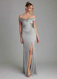 Azazie Teyana Bridesmaid Dresses Silver Sheath Off the Shoulder Stretch Satin Dress image1