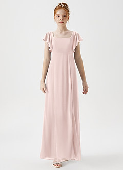 Azazie Bondi Junior Blushing Pink A-Line Side Slit Mesh Dress image4