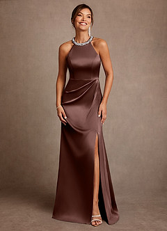 Azazie Lawrence Mother of the Bride Dresses Espresso A-Line Pleated Stretch Satin Dress image1