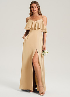 Azazie Jean Bridesmaid Dresses Gold A-Line Off the Shoulder Stretch Satin Dress image3
