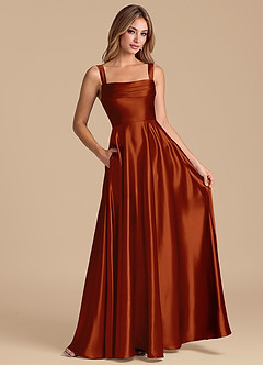 Azazie Shaude Bridesmaid Dresses Auburn A-Line Pleated Metallic Satin Dress image3