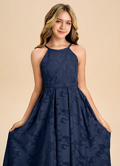 Azazie Arianthe Junior Dark Navy A-Line Pleated Floral Burnout Dress image8