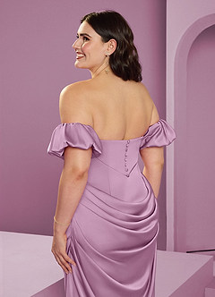 Barbie ♥ Azazie Robes de demoiselle d'honneur Robe Fourreau Convertible en Satin extensible Épaule décolletée Glycine image17