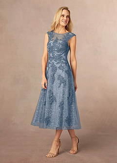 Azazie Flynn Mère de la mariée Robes Robe Trapèze en Tulle Col bateau dentelle Violet Crépusculaire image2