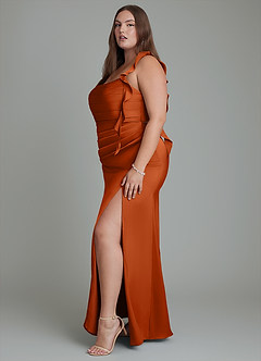 Azazie Jessamine Vestidos de damas de honor Vestido Naranja Quemada de Satén Elástico de Corte Recto con Corsé image13