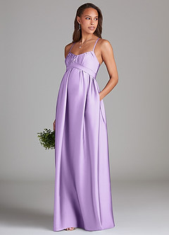 Azazie Llana Robes de demoiselle d'honneur de maternité Robe Trapèze avec poches Longueur ras du sol Satin extensible image3