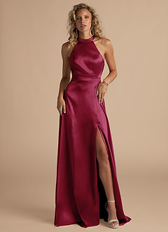 Azazie Clarice Bridesmaid Dresses Burgundy A-Line High Neck Metallic Satin Dress image4