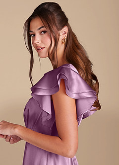Azazie Daphne Modest Bridesmaid Dresses A-Line Ruched Metallic Satin Floor-Length Dress image5