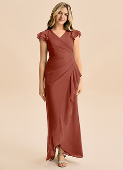 Azazie Julie Junior Vestido de Castaño de Gasa de Corte Sirena con Volante image4