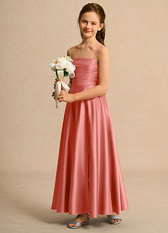Azazie Pebbles Girls Formal Flower Girl Dresses Salmon Pink A-Line Pleated Matte Satin Dress image5