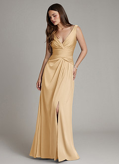 Azazie Pauline Bridesmaid Dresses Gold A-Line Pleated Stretch Satin Dress image1