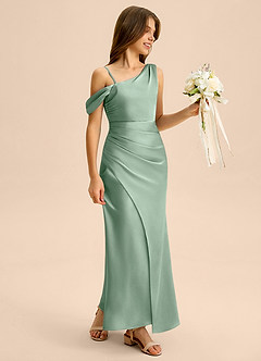 Azazie Madelyn Junior Osłona Zza ramienia Satyna elastyczna Długość podłogi Młodsza druhna Sukienka image6