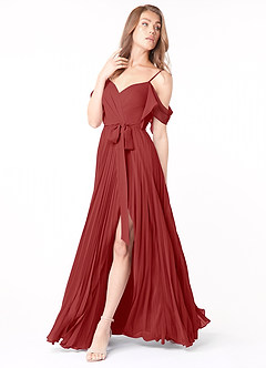 Azazie Lyney Robes de demoiselle d'honneur Robe Trapèze en Mousseline de soie Épaule décolletée Rouille image3