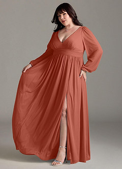 Azazie Norah Bridesmaid Dresses Clay A-Line V-Neck Long Sleeve Chiffon Dress image10