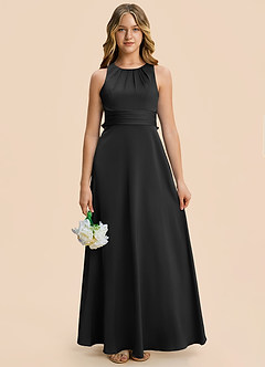 Azazie Christina Junior Vestido Negro de Satén Elástico de Corte en A con Drapeado image3