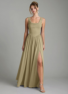 Azazie Novi Robes de demoiselle d'honneur Robe Trapèze en Mousseline de soie Plissée Vert Mousse image1