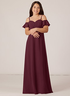 Azazie Juna Junior Cabernet A-Line Off the Shoulder Chiffon Dress image4