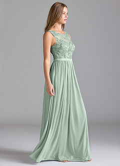 Azazie Elly Bridesmaid Dresses Agave A-Line Lace Mesh Dress image4
