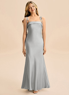 Azazie Willa Junior Silver A-Line Bow Stretch Satin Dress image1