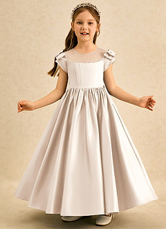 Azazie Toffee Flower Girl Dresses White Alabaster Ball-Gown Bow Matte Satin Dress image3