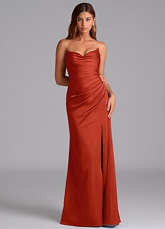 Azazie Claudelle Robes de demoiselle d'honneur Robe Sirène en Satin extensible Sans bretelles Rouille image6