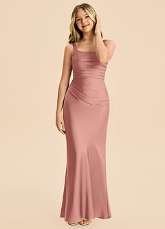 Azazie Agustina Junior Rosette Sheath Pleated Stretch Satin Dress image3