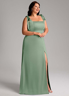 Azazie Frostine Bridesmaid Dresses Matcha A-Line Bow Stretch Satin Dress image9