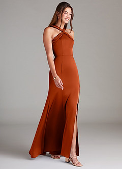 Azazie Rue Bridesmaid Dresses Paprika A-Line Pleated Stretch Satin Dress image4