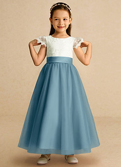 Azazie Pookie Flower Girl Dresses Moody Blue A-Line Lace Tulle Dress image3