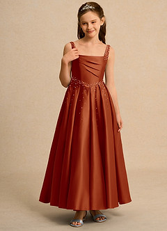 Azazie Mochi Girl Jurken voor bloemenmeisjes Baljurk Jurk van Mat Satijn Geplooid Paprika image5