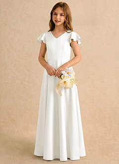 Azazie Nari Girls Formal Sukienki dla dziewczynek sypiących kwiaty Linia A z rękawami Matowy satynowy Długość podłogi Sukienka image4