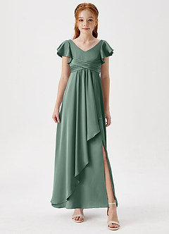 Azazie Omari Junior Eucalyptus A-Line Pleated Stretch Satin Dress image4