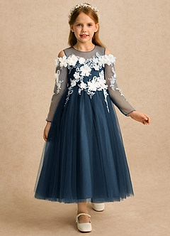 Azazie Lilah Flower Girl Dresses Dark Navy A-Line Lace Tulle Dress image1