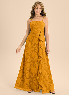 Azazie Kaylee Junior Butterscotch A-Line with Belt Floral Burnout Dress image4