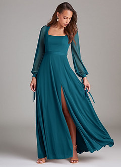 Azazie Leonia Bridesmaid Dresses Ink Blue A-Line Long Sleeve Mesh Dress image2