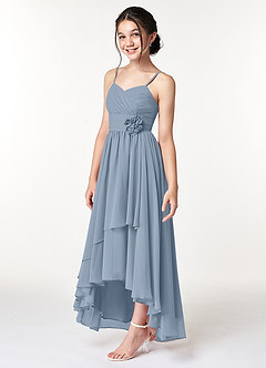 Azazie Catalina Junior Dusty Blue A-Line Ruched Chiffon Dress image3