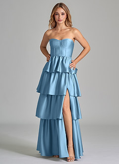 Azazie Faye Robes de demoiselle d'honneur Robe Trapèze en Satin extensible Rayé Acier Bleuté image5