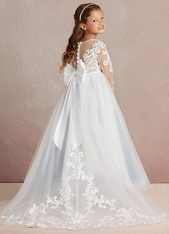 Azazie Elodie Flower Girl Dresses Ivory Dusty Blue Ball-Gown Lace Dress image1