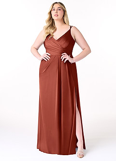 Azazie Aqua Robes de demoiselle d'honneur Robe Trapèze en Satin extensible Col V plissé Terracotta image8