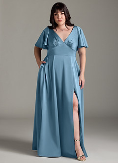 Azazie Kimber Bridesmaid Dresses Steel Blue A-Line Ruched Stretch Satin Dress image7